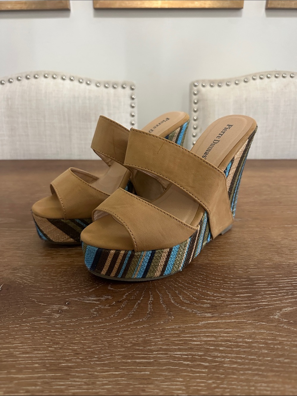 Pierre Dumas Tan Wedge Sandals with Blue and Brown Stripes